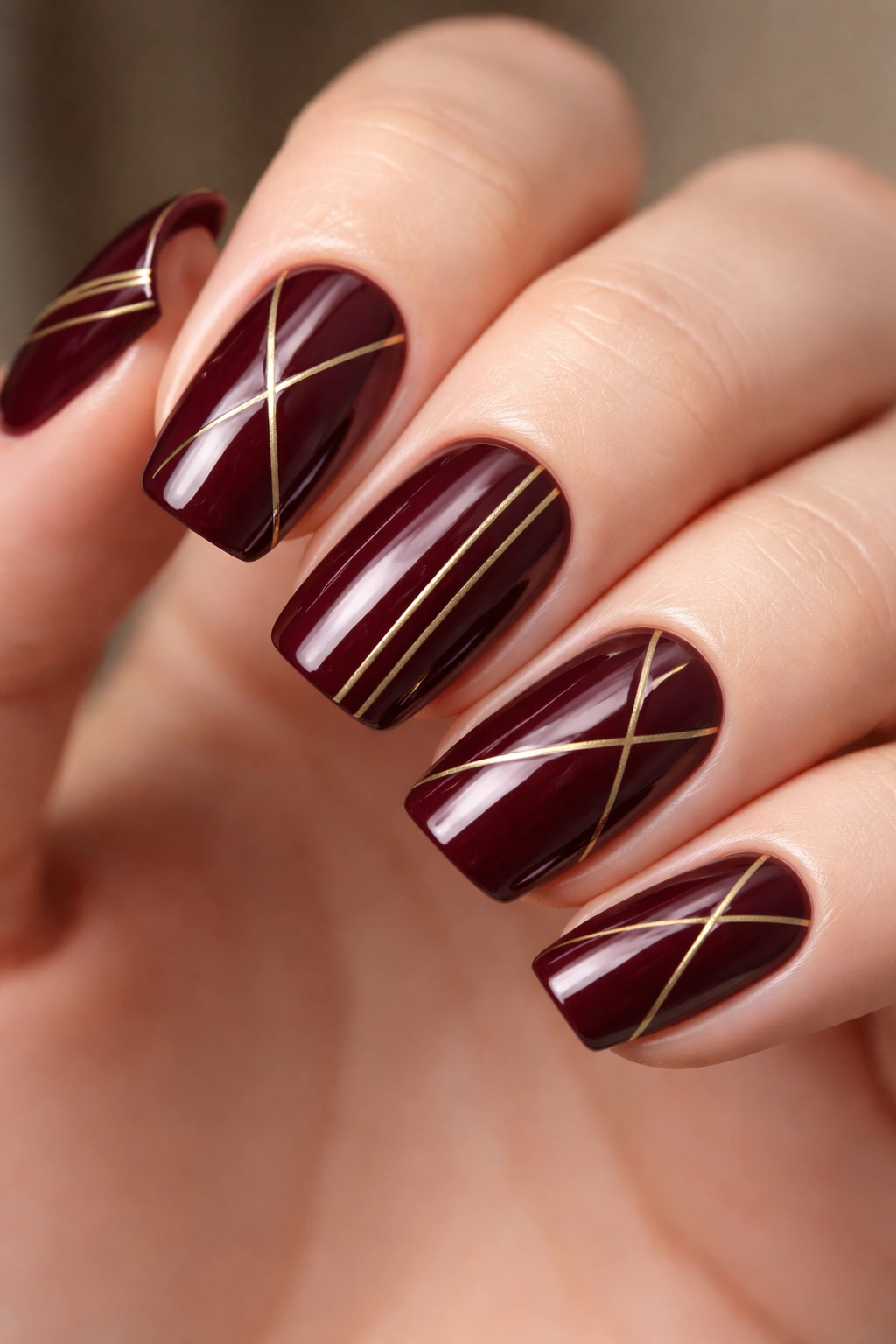 Deep burgundy squoval nails with thin gold geometric lines on a neutral background