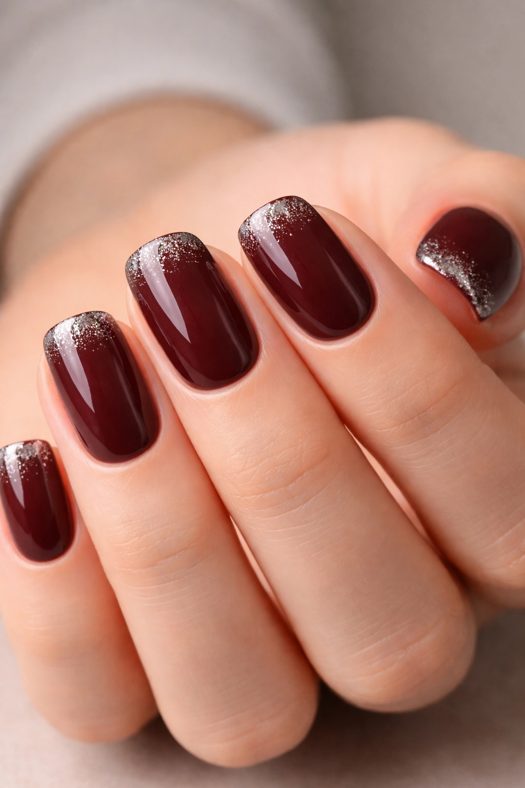 Close-up of burgundy nails with silver glitter tips