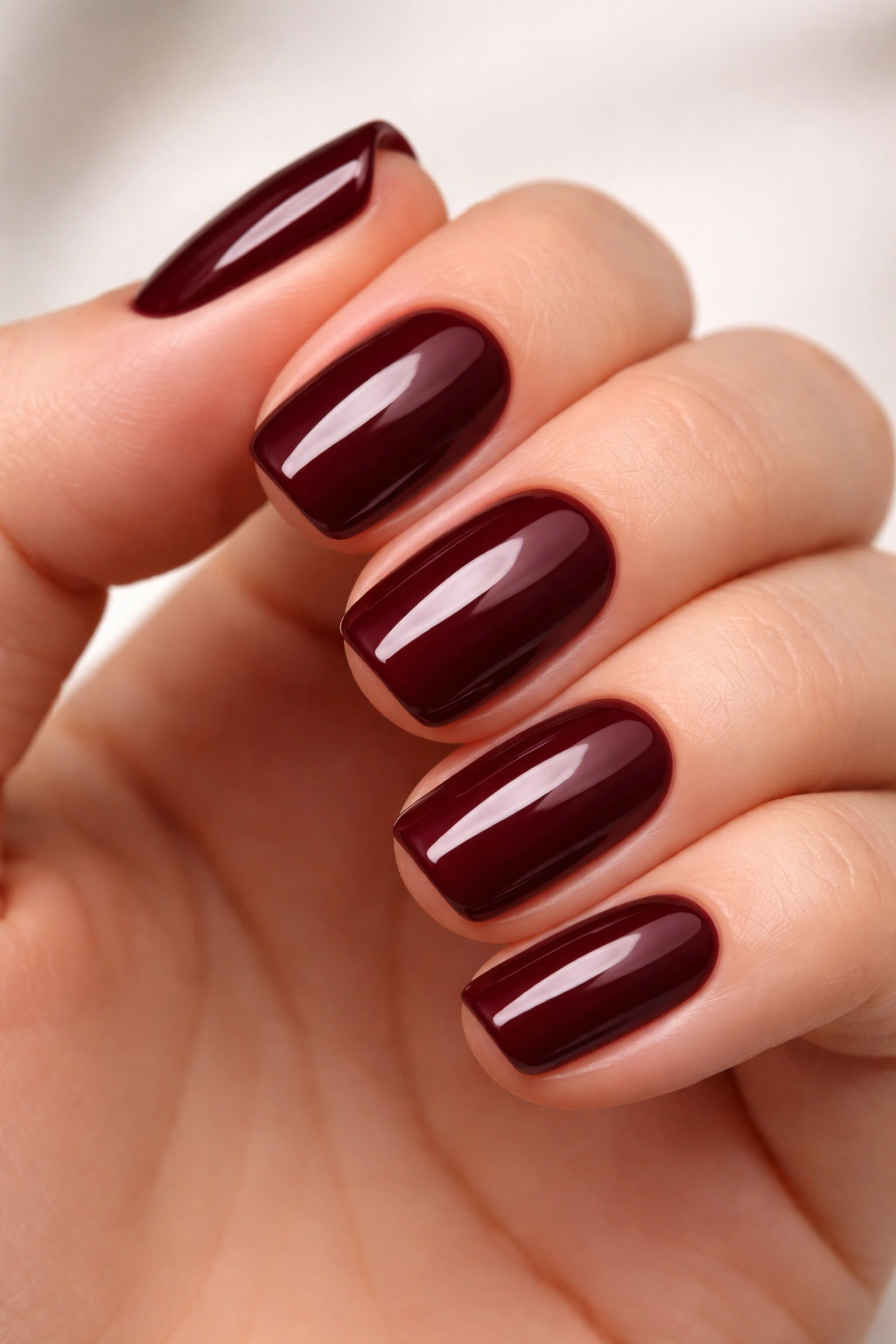 Close-up of short squoval nails with deep burgundy glossy solid color.