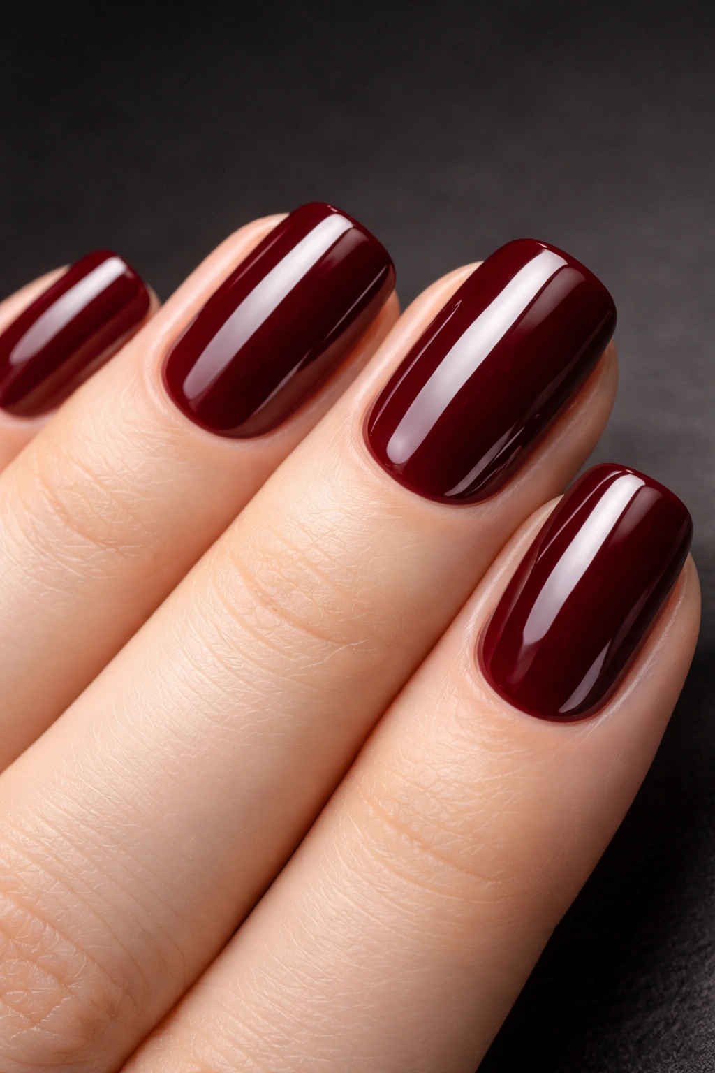 Close-up of burgundy nails with a glossy top coat on short squoval nails