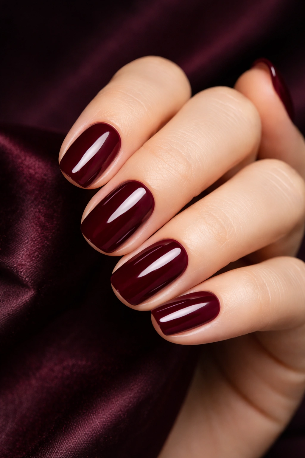 Close-up of deep burgundy nails with glossy finish