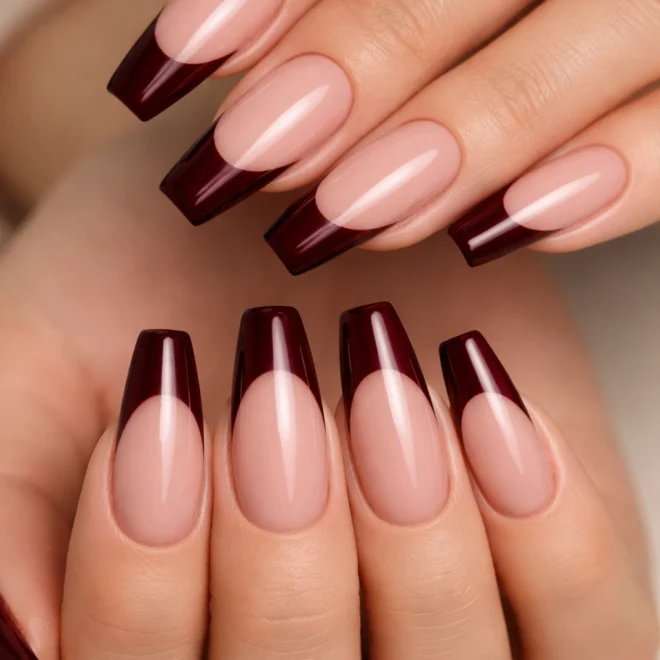 25 Dark Red French Tip Coffin Nails