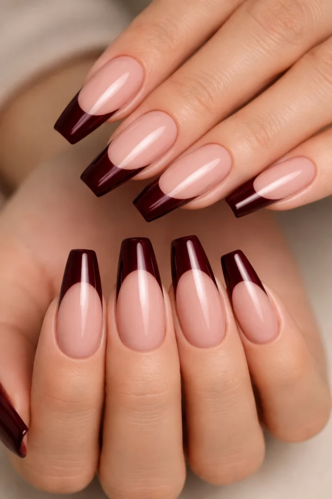 25 Dark Red French Tip Coffin Nails