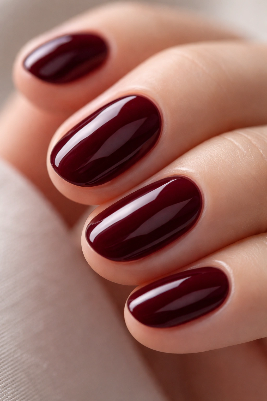 Close-up of a glossy burgundy short oval nail with high shine on a neutral background