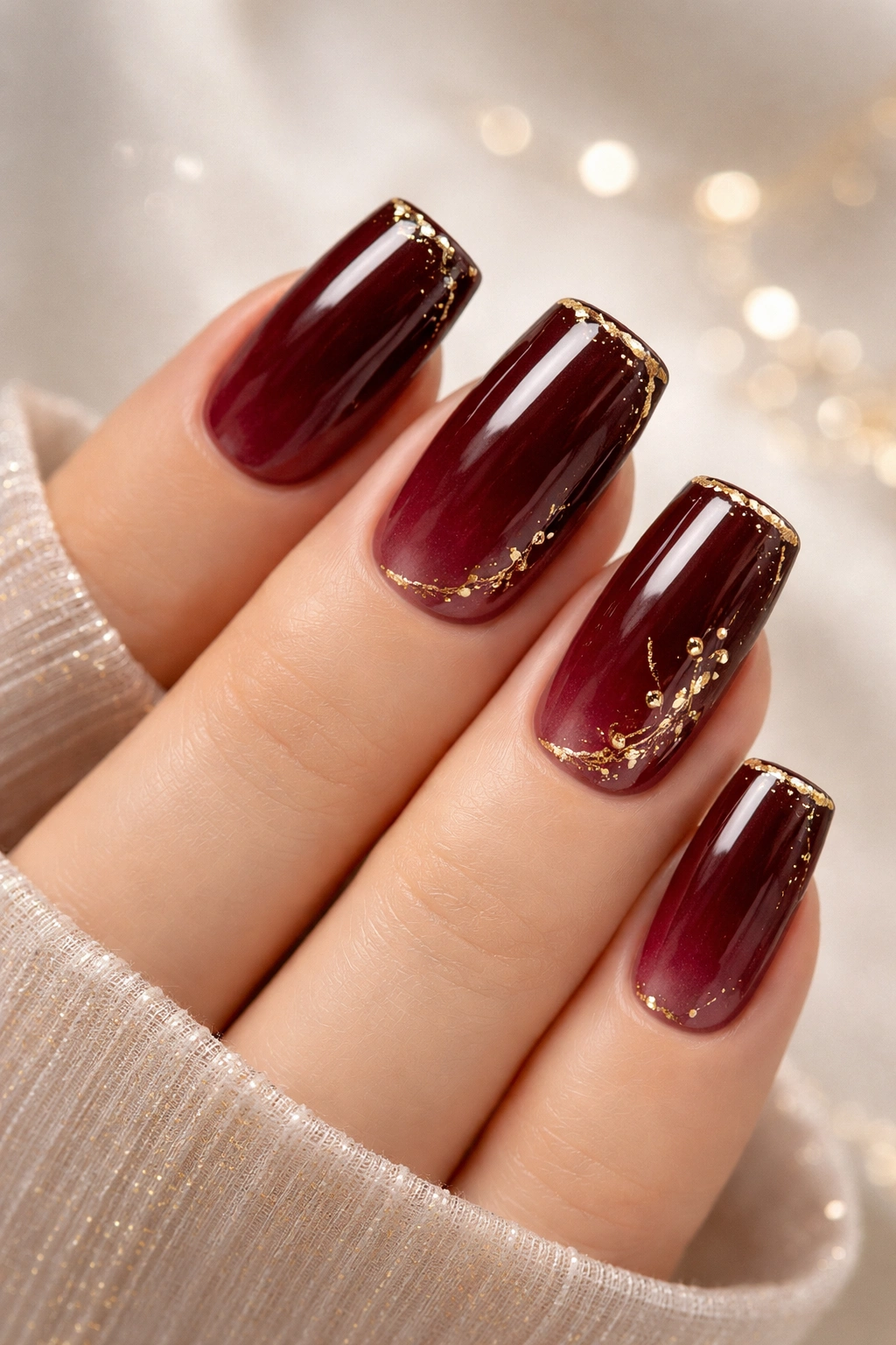Close-up of short burgundy square nails with subtle gradient and gold embellishments