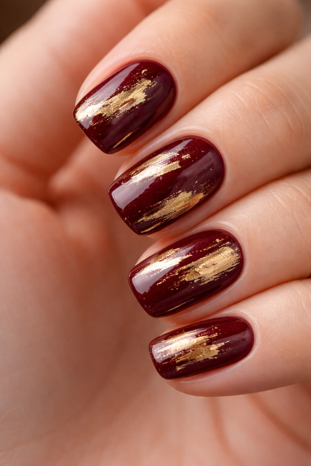 Close-up of short squoval nails with deep burgundy base and metallic gold brushstrokes