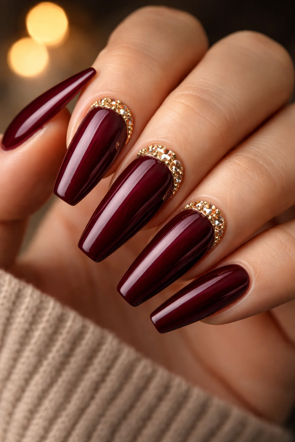 Burgundy nails with a delicate gold cuff at the cuticle