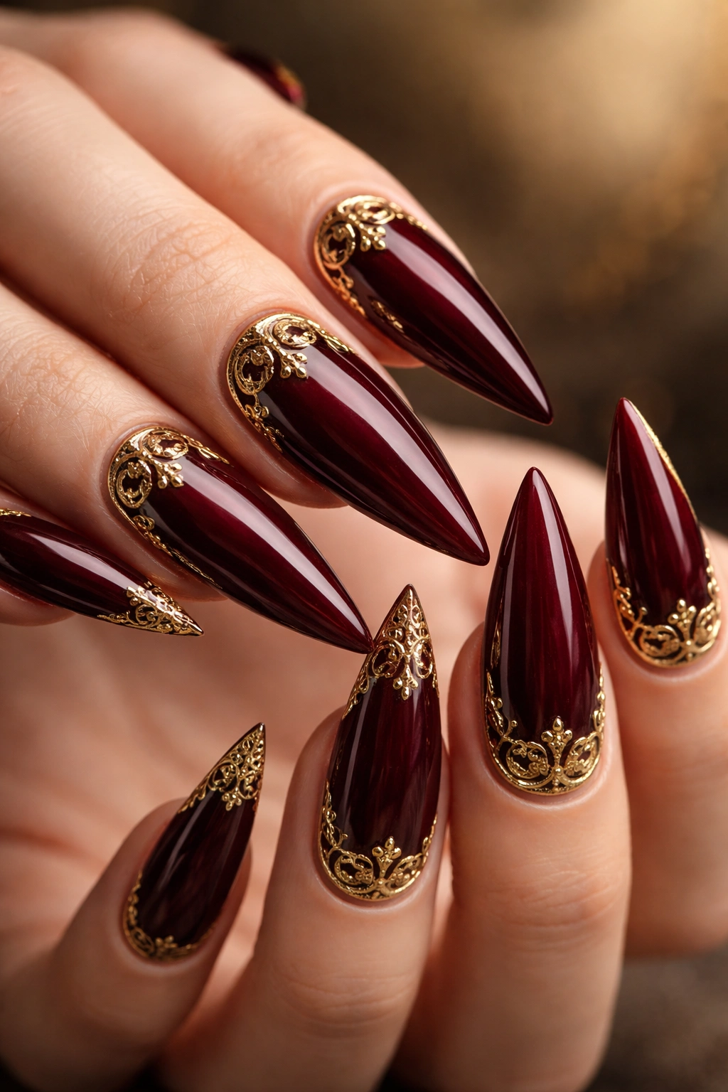 Close-up of deep burgundy stiletto nails with gold filigree around the cuticle and edge.