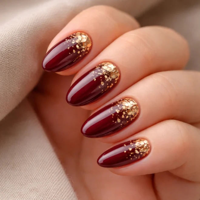15 Short Red and Gold Almond Nails