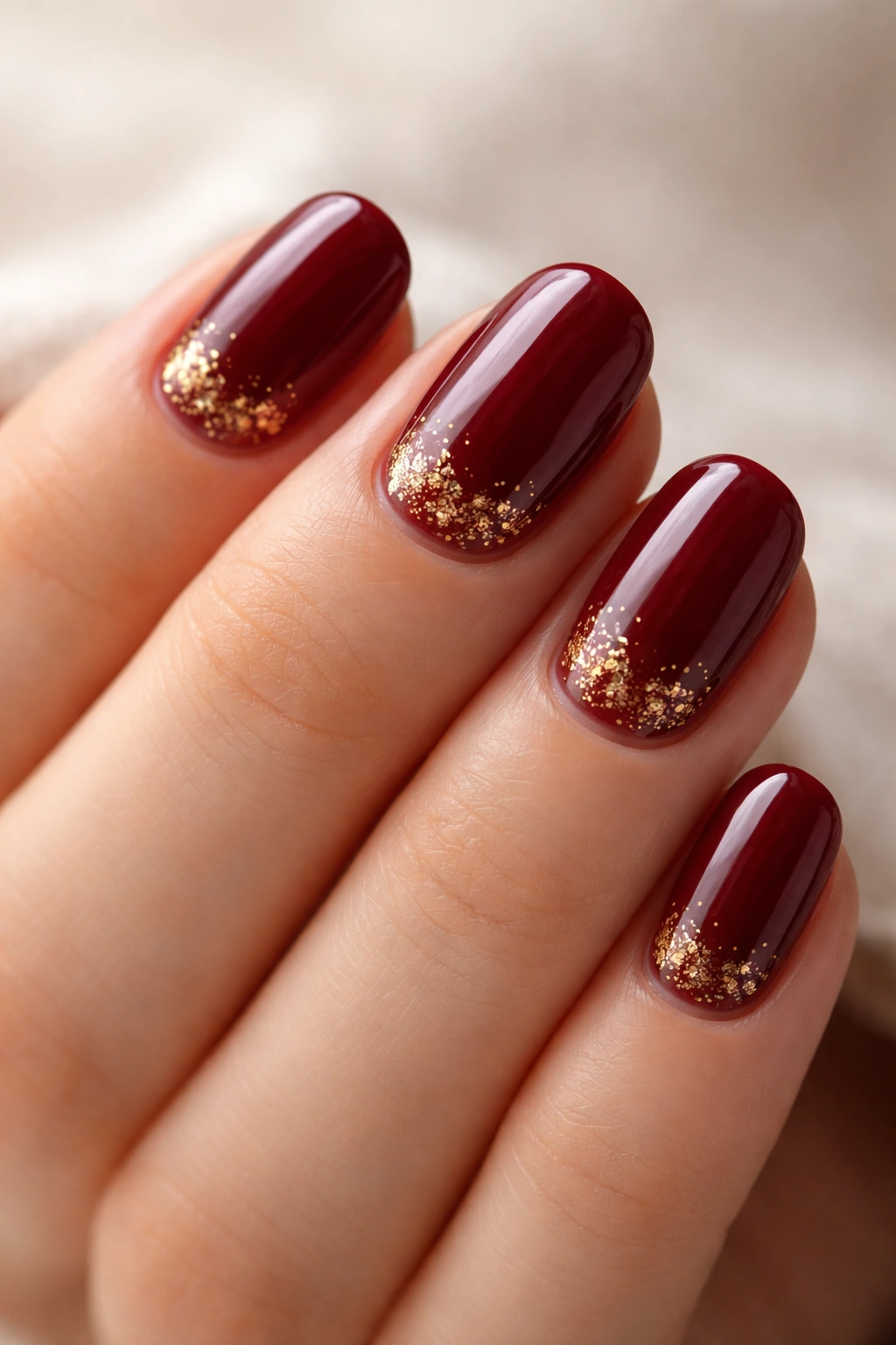 Burgundy nails with gold foil flecks on short oval shape