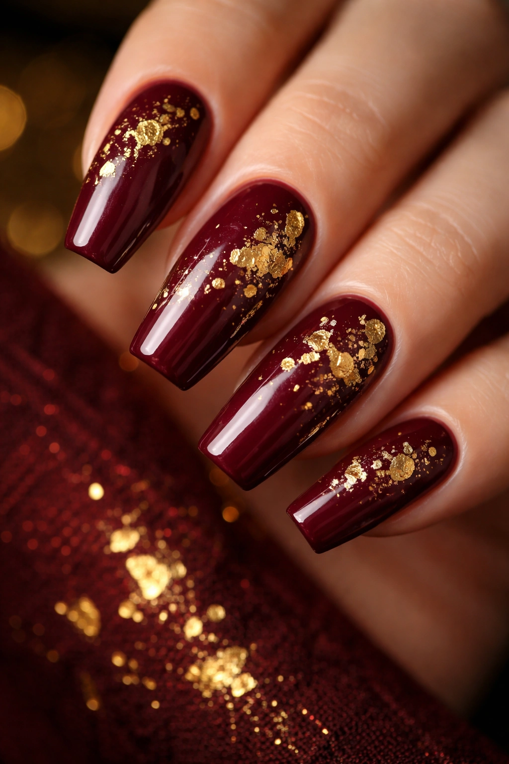 Coffin nails in deep burgundy with gold leaf accents under warm studio lighting