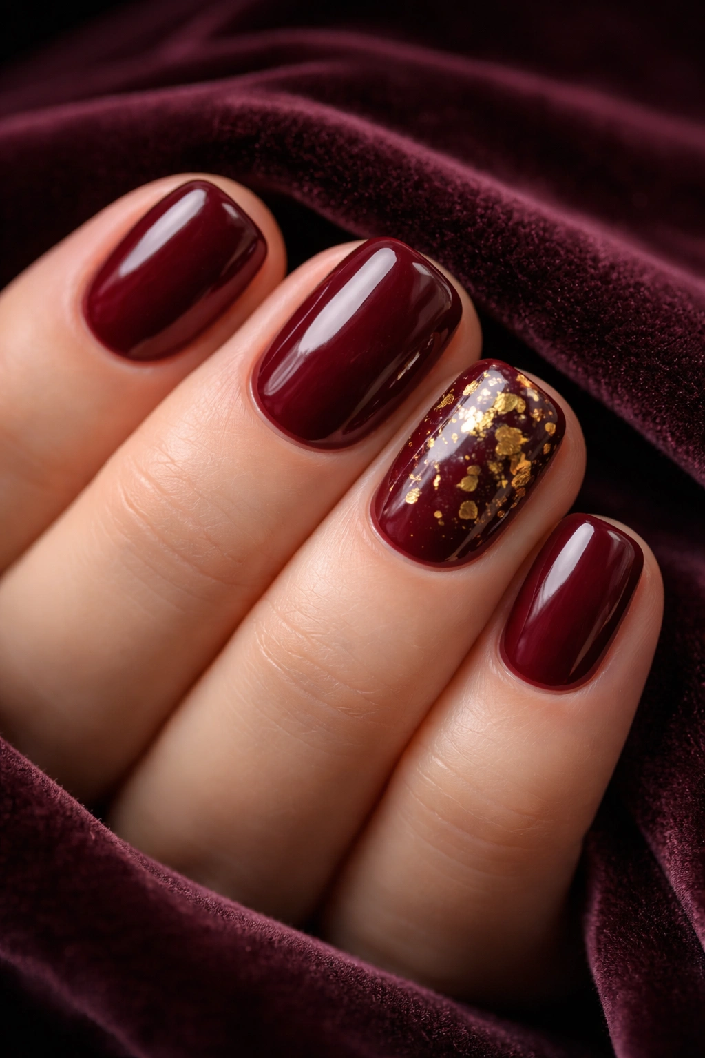 Close-up of burgundy nails with gold leaf accents on short squoval nails