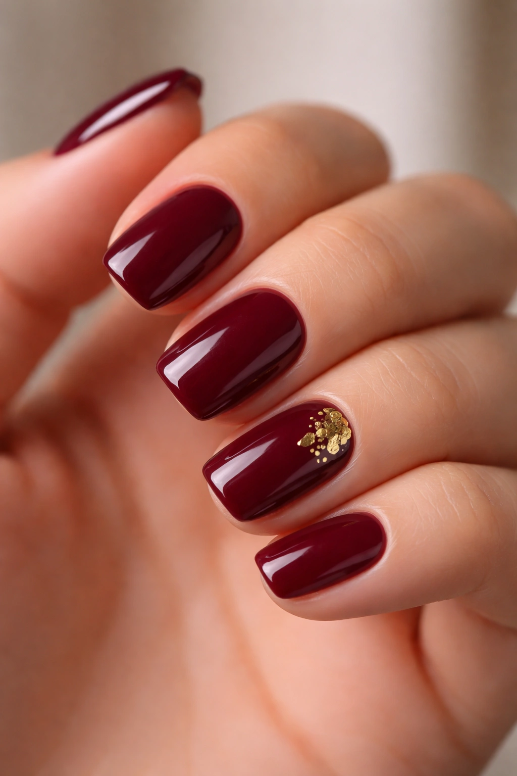 Close-up of short squoval nails burgundy with gold leaf accent