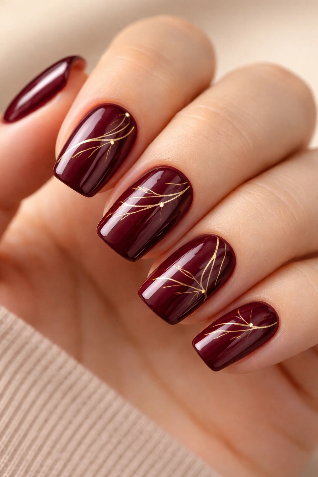 Close-up of burgundy nails with delicate gold leaf lines.