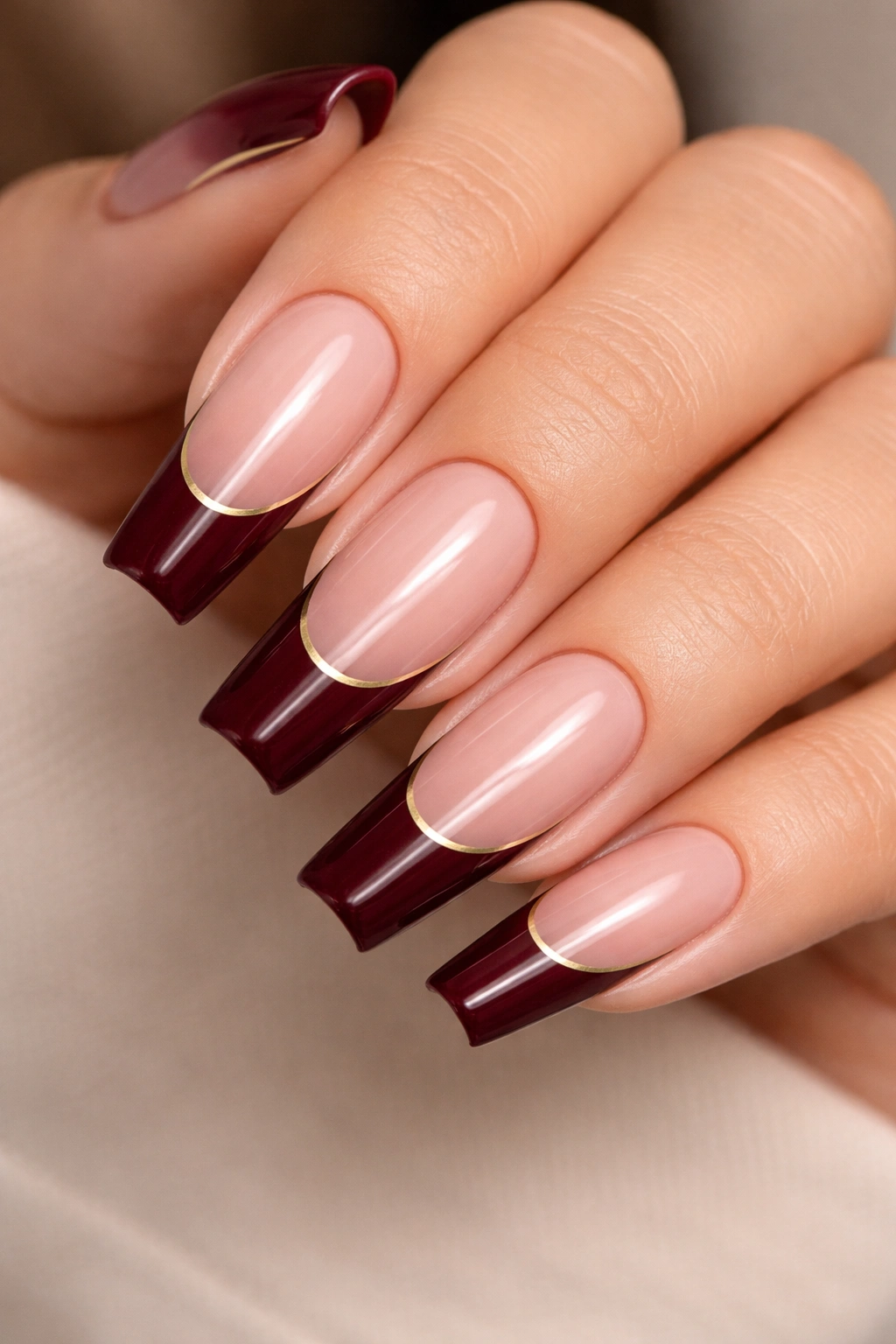 Close-up of coffin nails with burgundy tips and a thin gold line.
