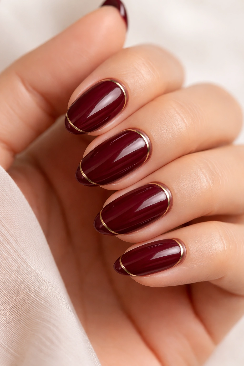 Short almond burgundy nails with a thin gold line near the tip