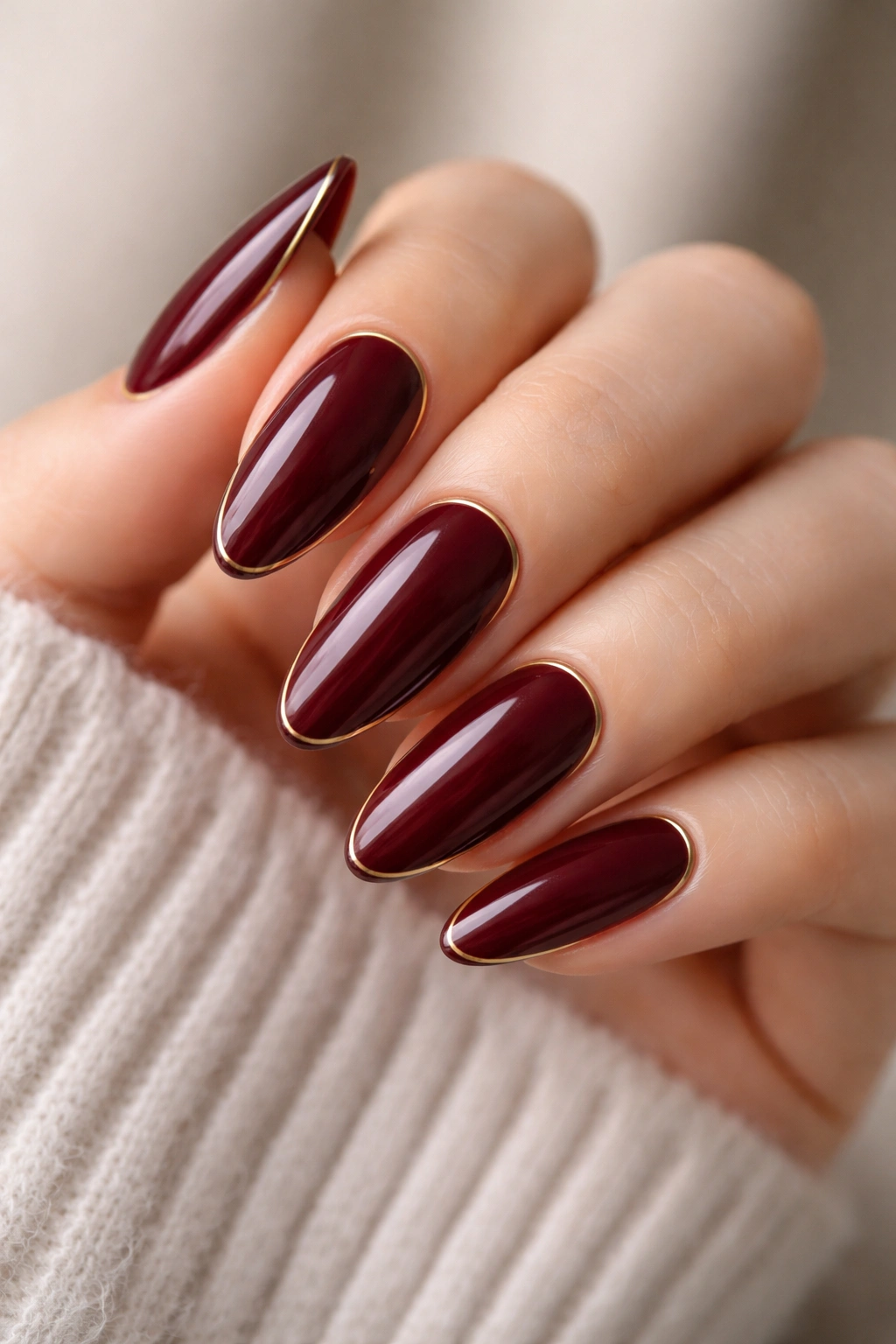 Close-up of burgundy long oval nails with a thin gold outline along the edges
