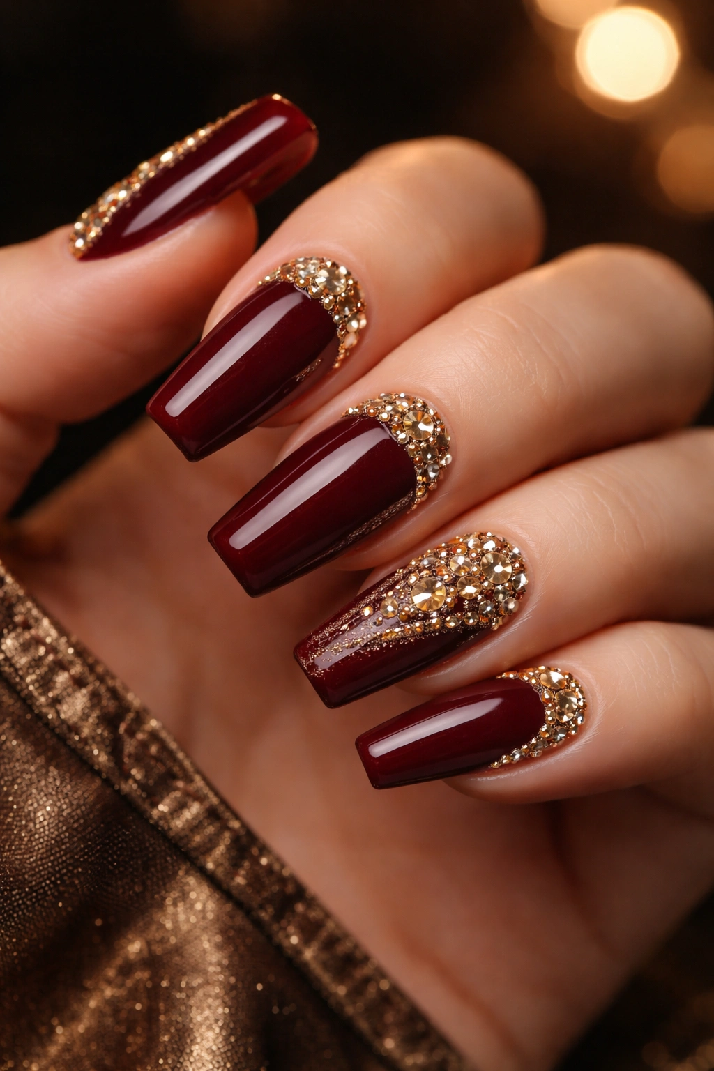 Burgundy coffin nails with gold rhinestones in decorative accents