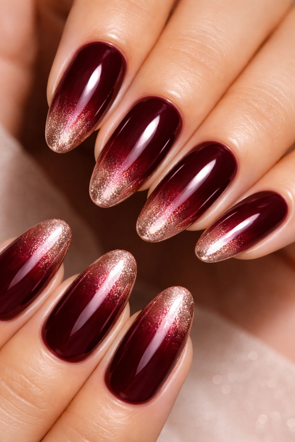 Long oval nails burgundy base fading to metallic tips