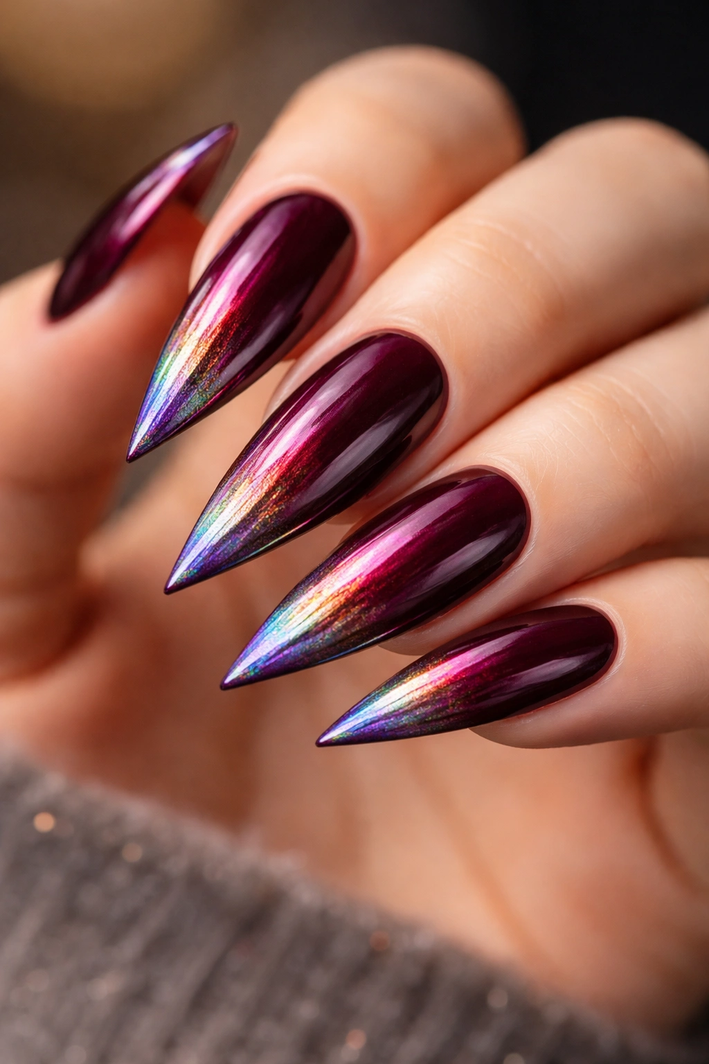 Deep burgundy nails with holographic rainbow chrome
