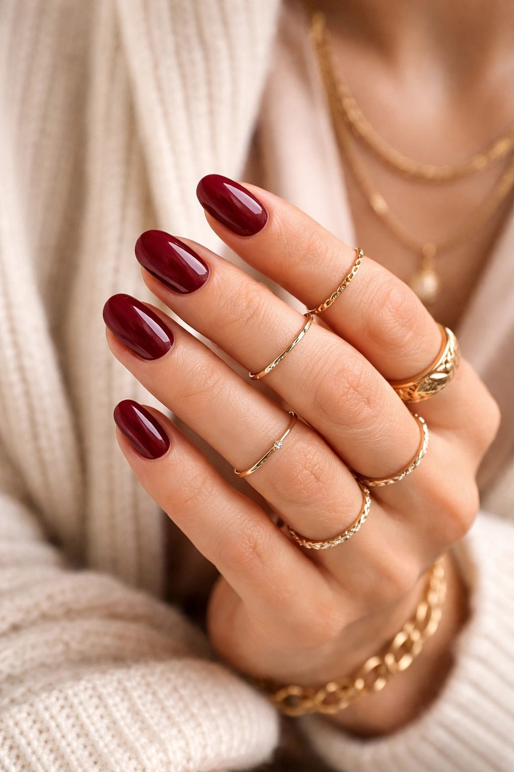 Burgundy nails with gold rings on short oval nails.