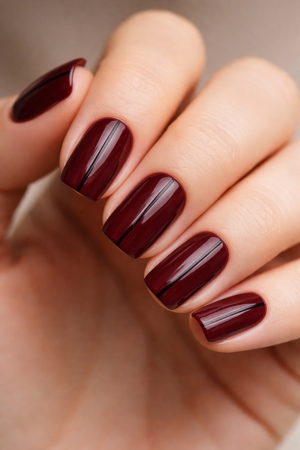 Close-up of short squoval nails in deep burgundy with minimalist vertical black lines.