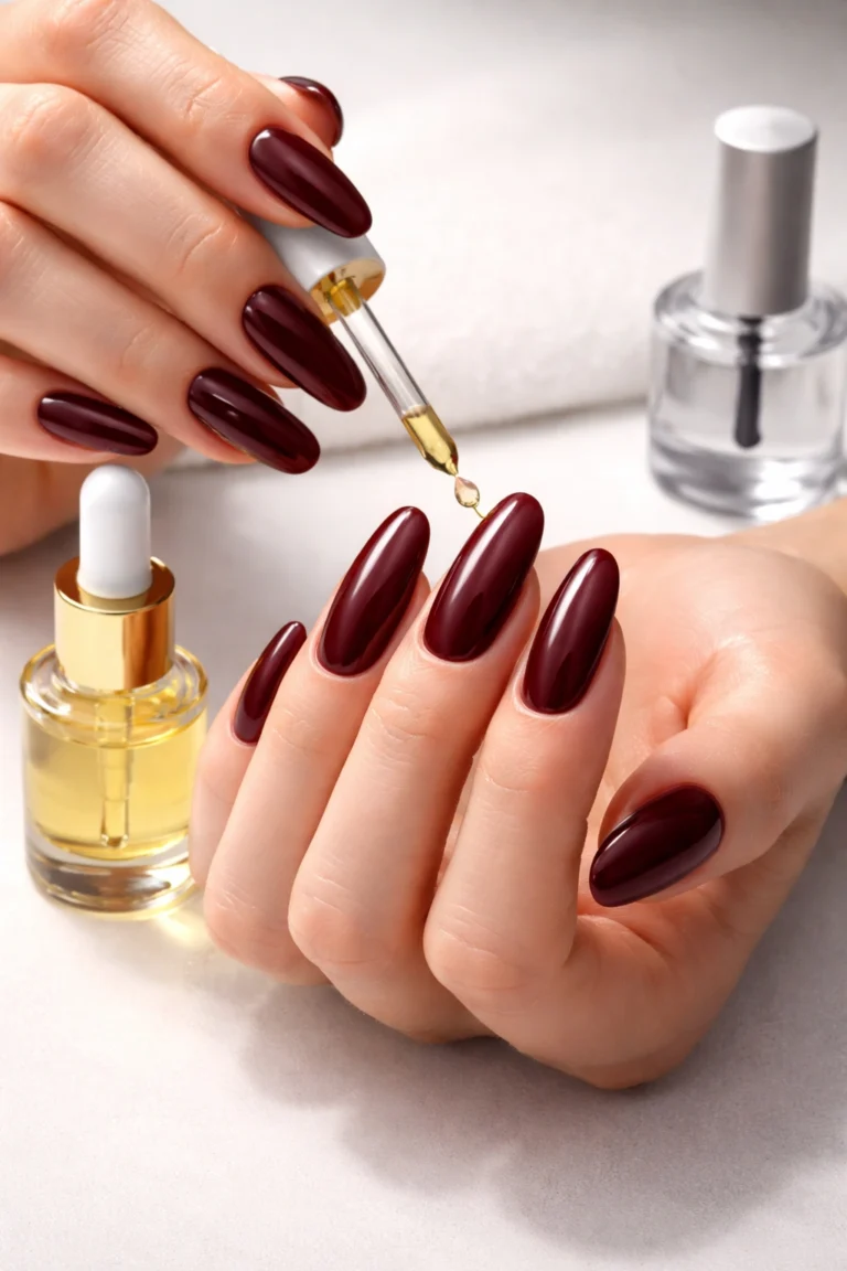 12 Burgundy Long Oval Nails for a Rich Finish