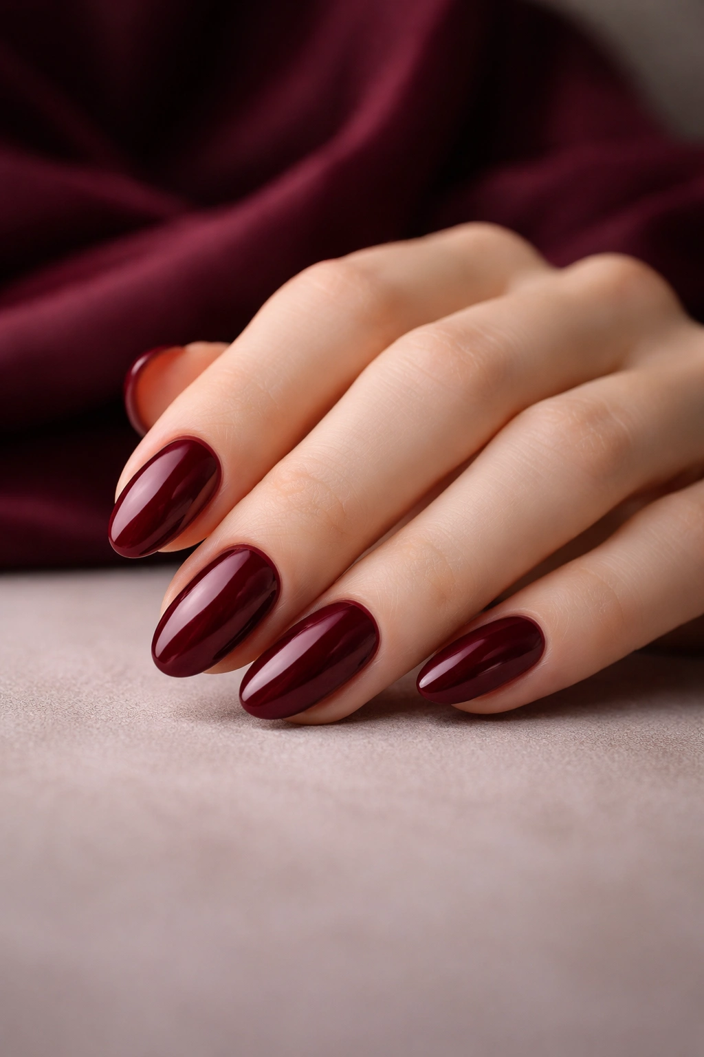 Hand with burgundy nails on neutral background