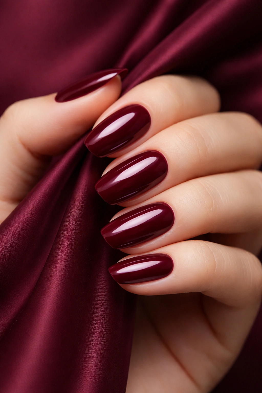 Nails painted in matching burgundy shade for cohesive look