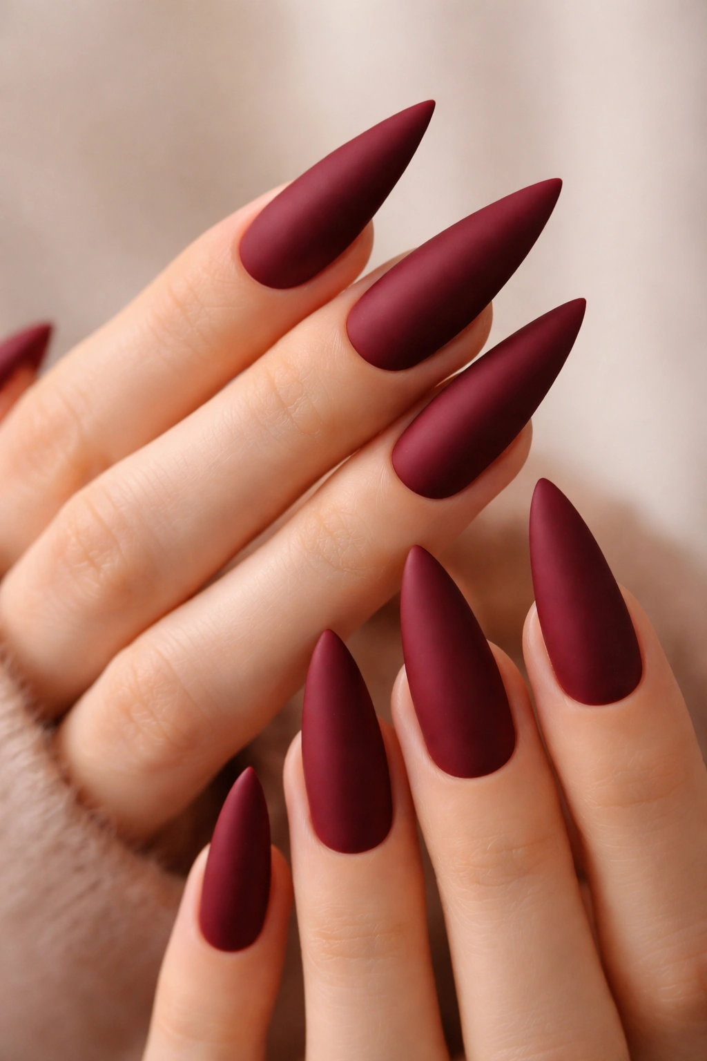 Close-up of burgundy matte stiletto nails on a hand