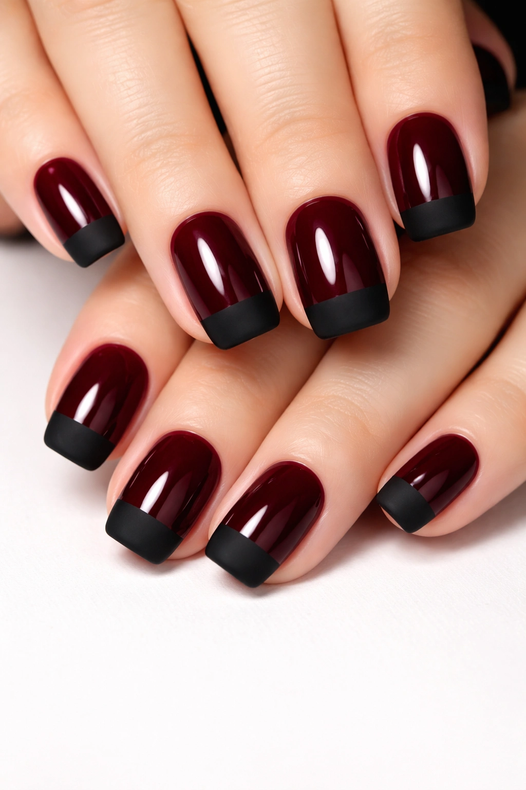 Close-up of burgundy nails with glossy base and matte black tips