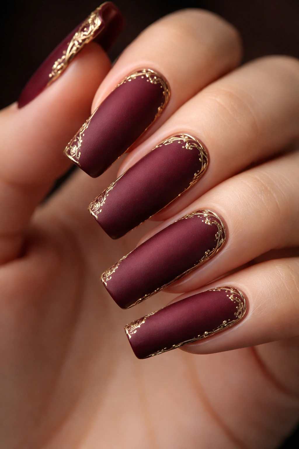 Close-up of burgundy matte nails with thin gold filigree framing the edges