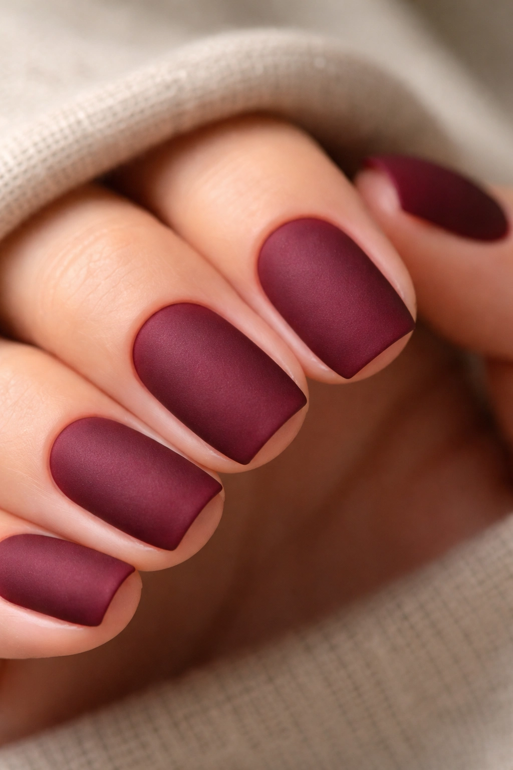 Close-up of matte burgundy squoval nails