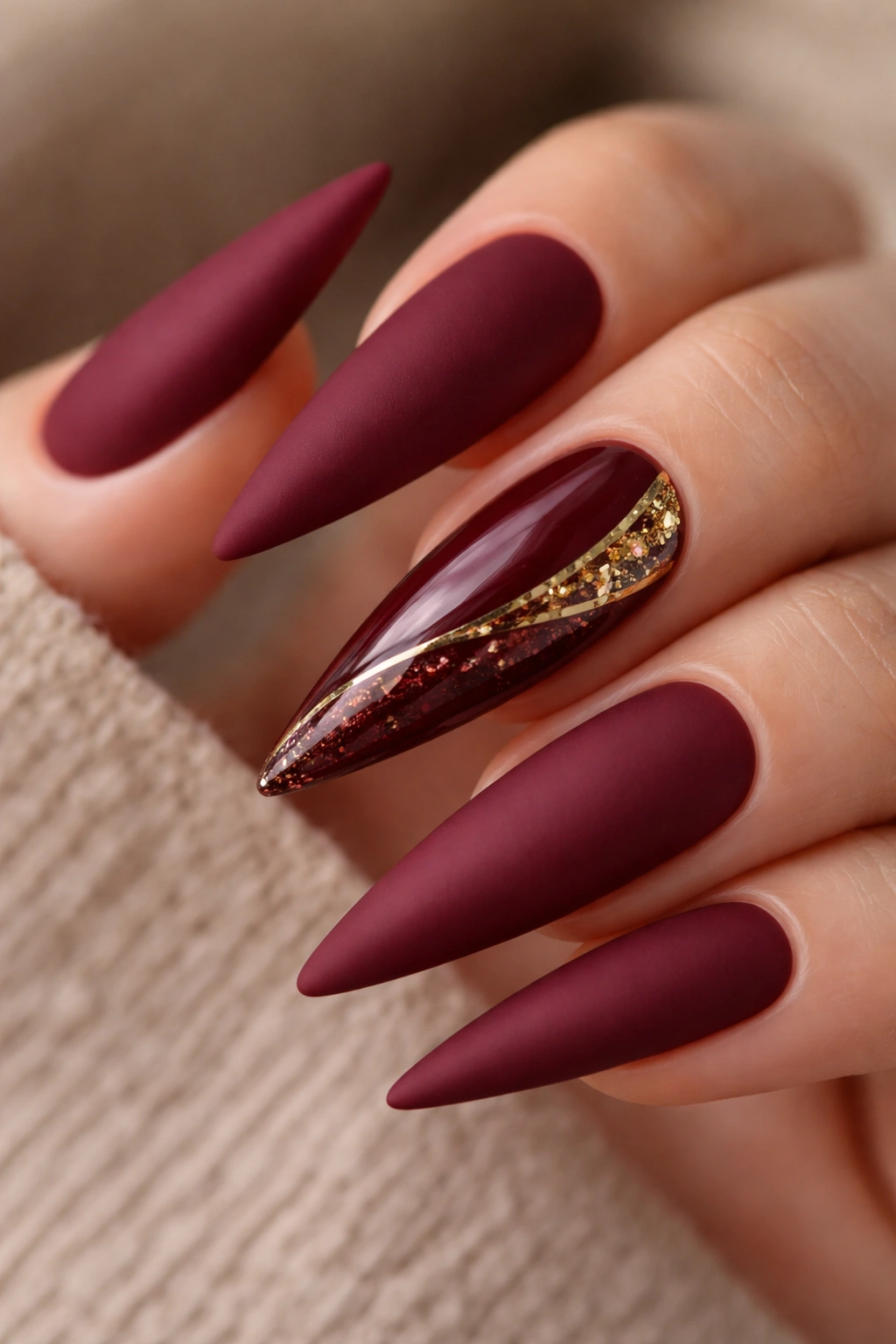 Matte burgundy nails with a glossy gold accent nail