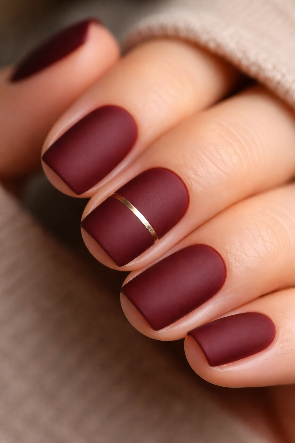 Burgundy matte nails with a thin metallic line accent on one nail