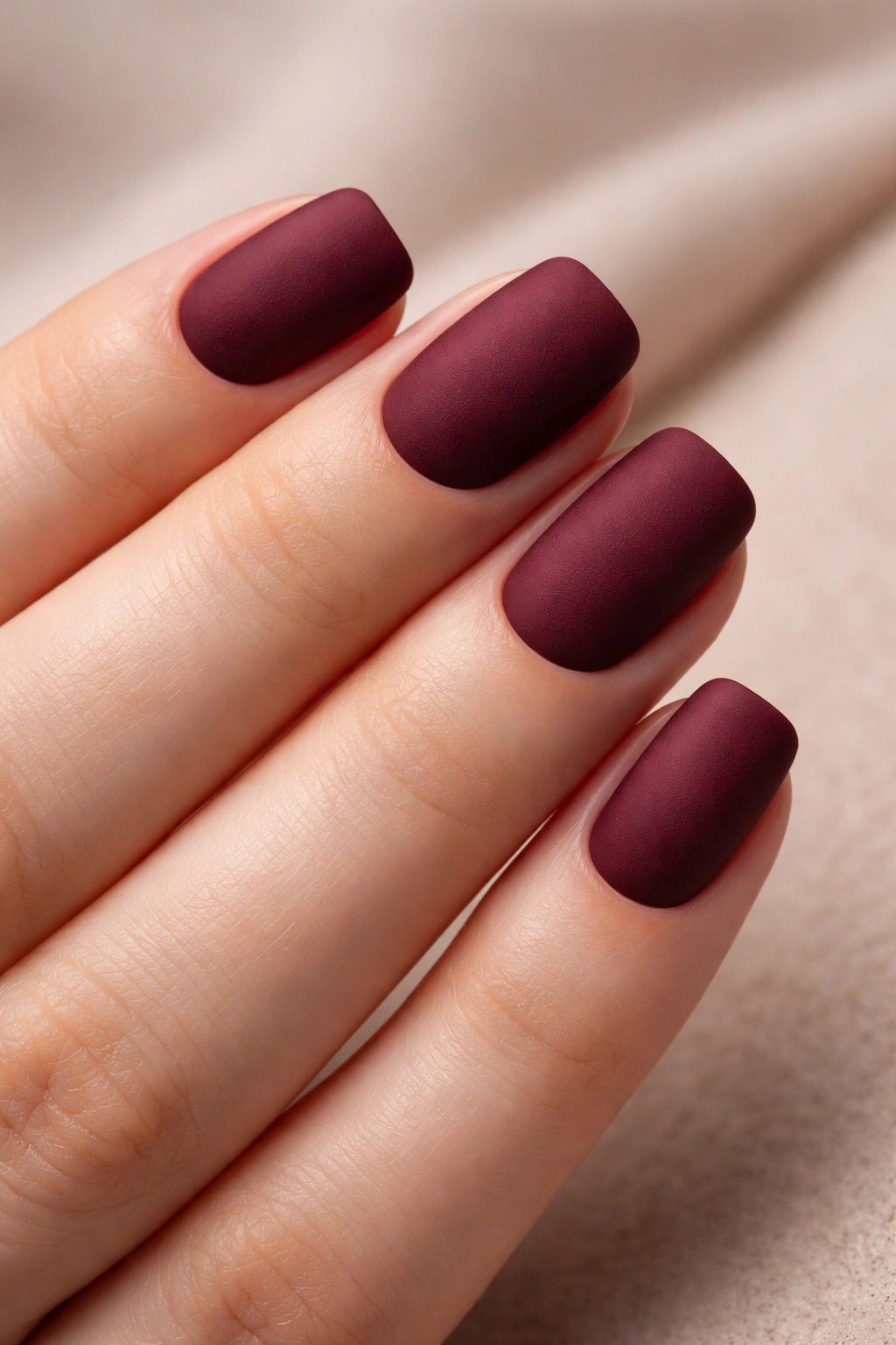 Short squoval nails in deep burgundy with matte velvet finish.