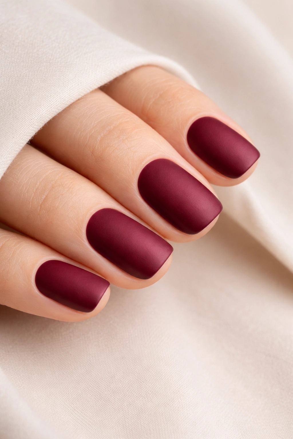 Close-up of rich burgundy matte short squoval nails