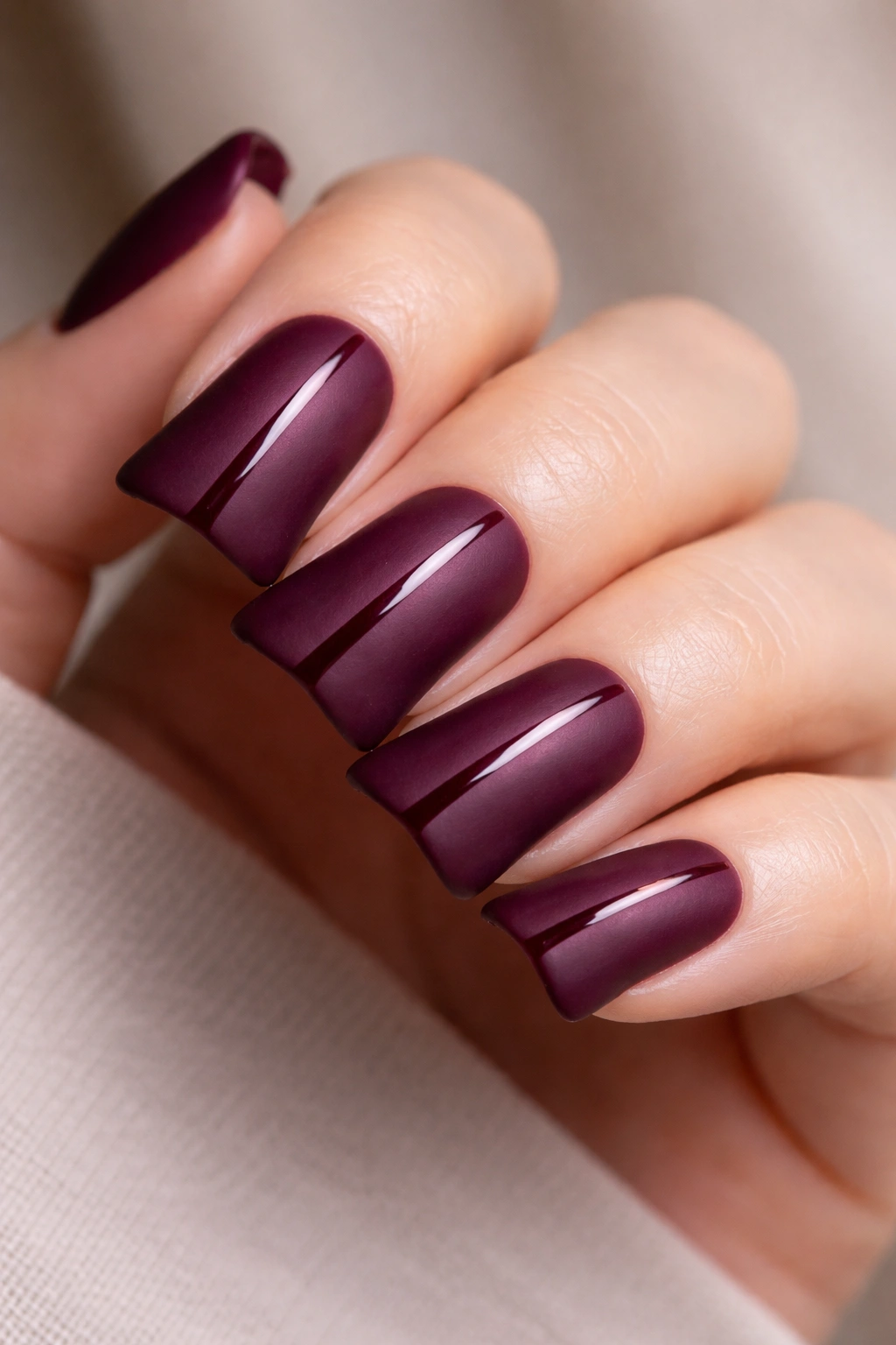 Short burgundy duck nails with matte finish and a glossy center stripe.