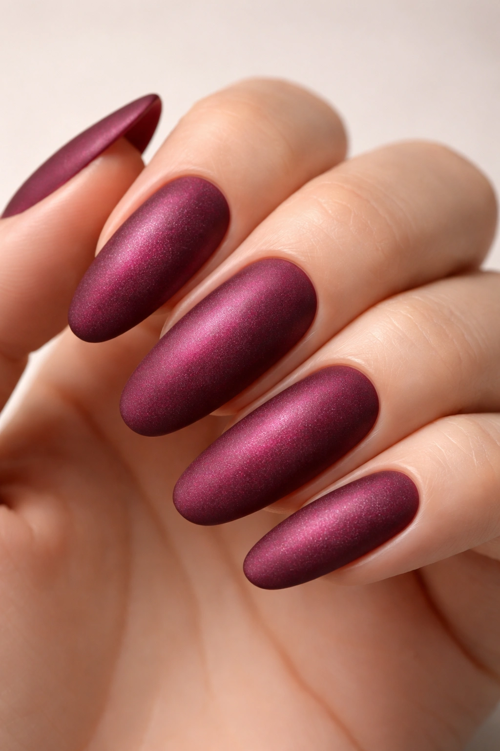 Close-up of burgundy nails with micro pearl texture and matte finish