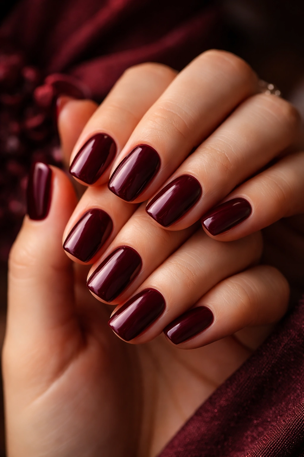 Close-up of burgundy squoval nails with glossy finish