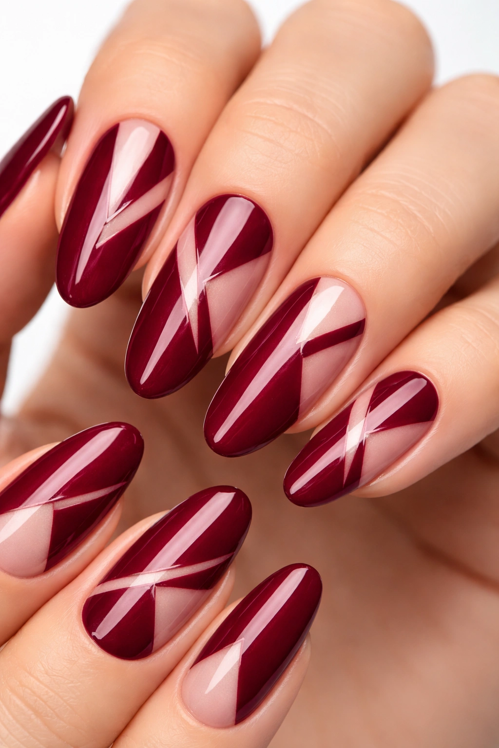 Long oval nails with burgundy and negative-space geometric patterns