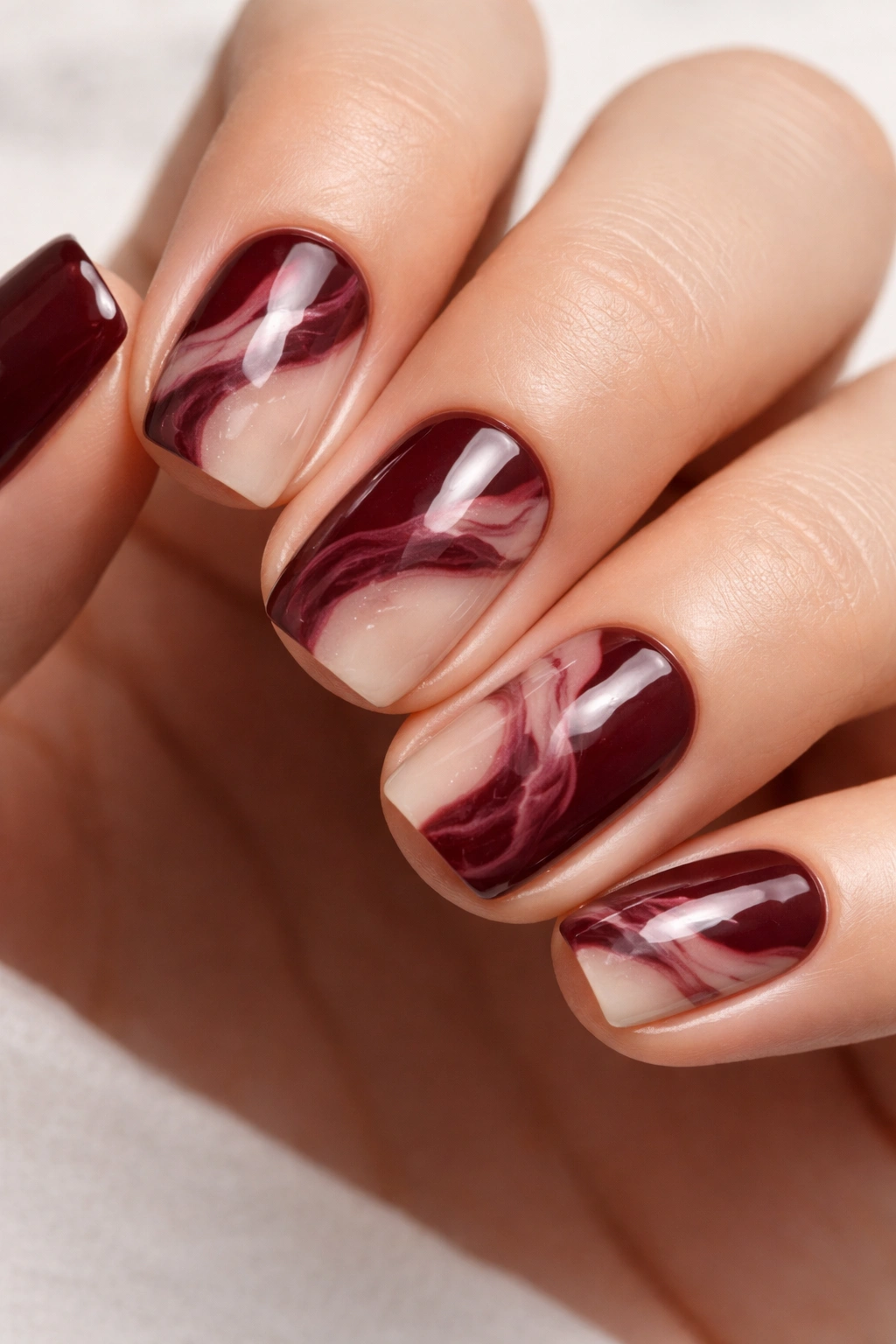 Close-up of rich burgundy nails with negative space marble on short squoval nails