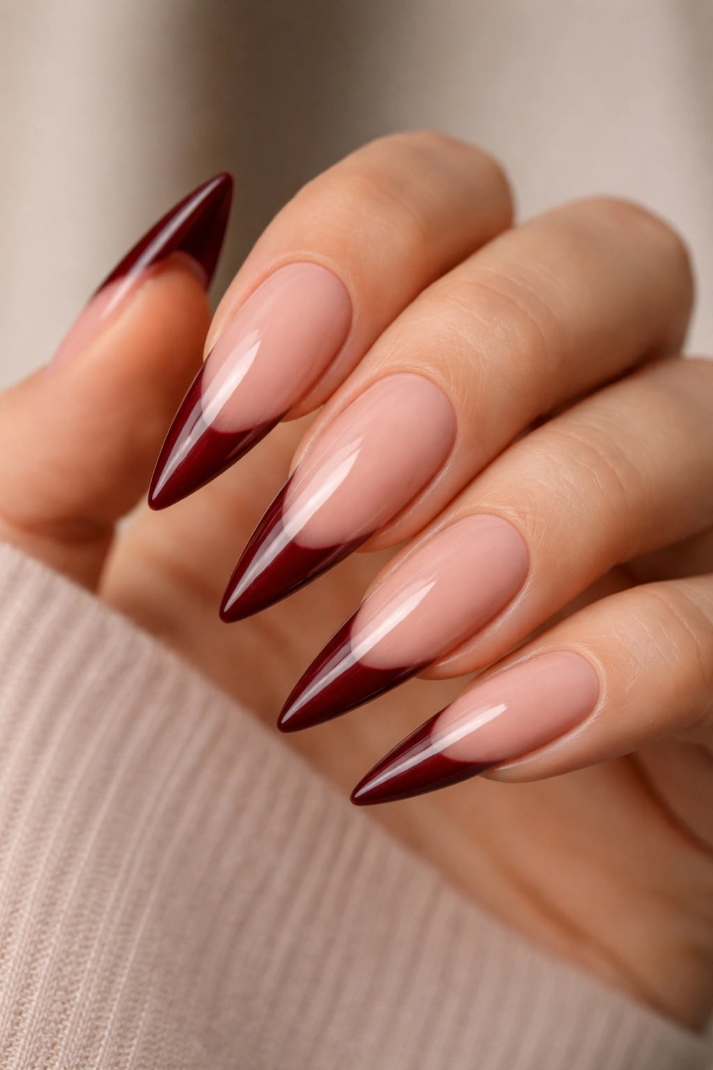 Nude to burgundy gradient nails with burgundy tip
