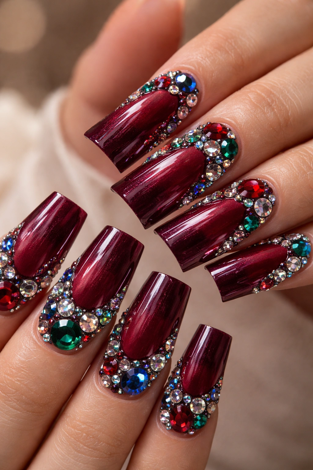 Close-up of burgundy duck nails with maroon ombre and jewel-tone rhinestones