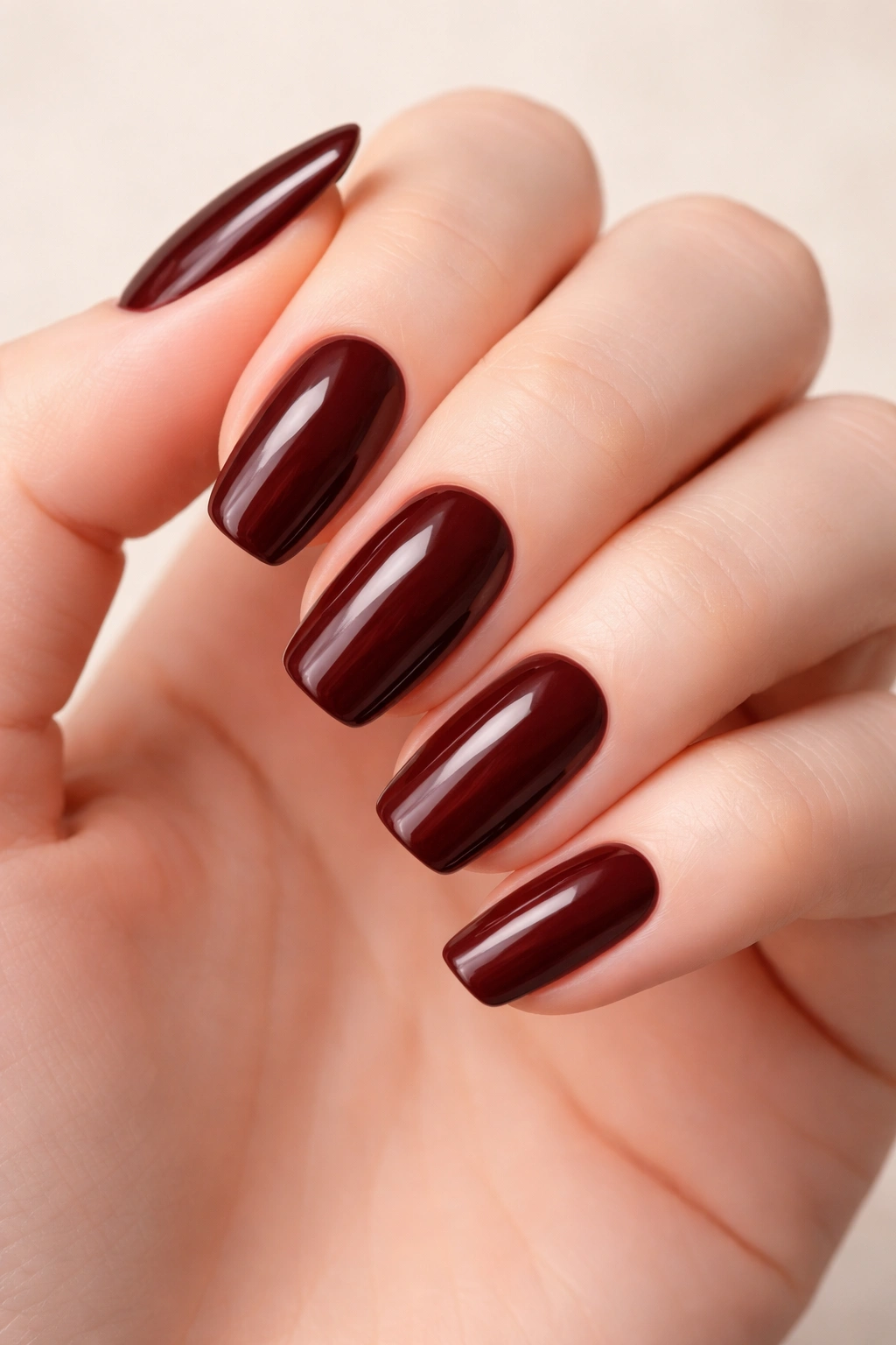 Close-up of pale-skinned hand with burgundy brown nails