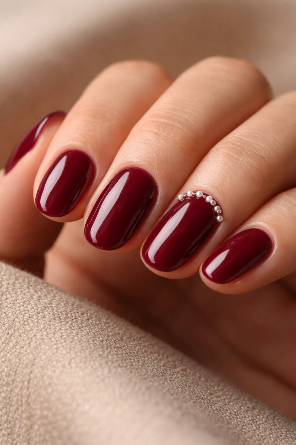 Close-up of burgundy short oval nails with tiny pearl accents near the cuticle.