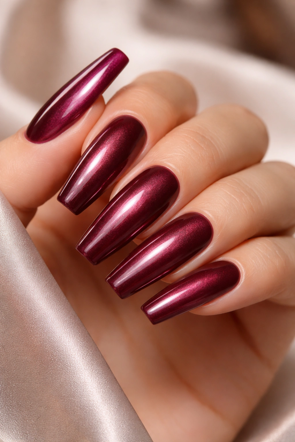 Close-up of coffin nails with burgundy pearl finish and subtle iridescence