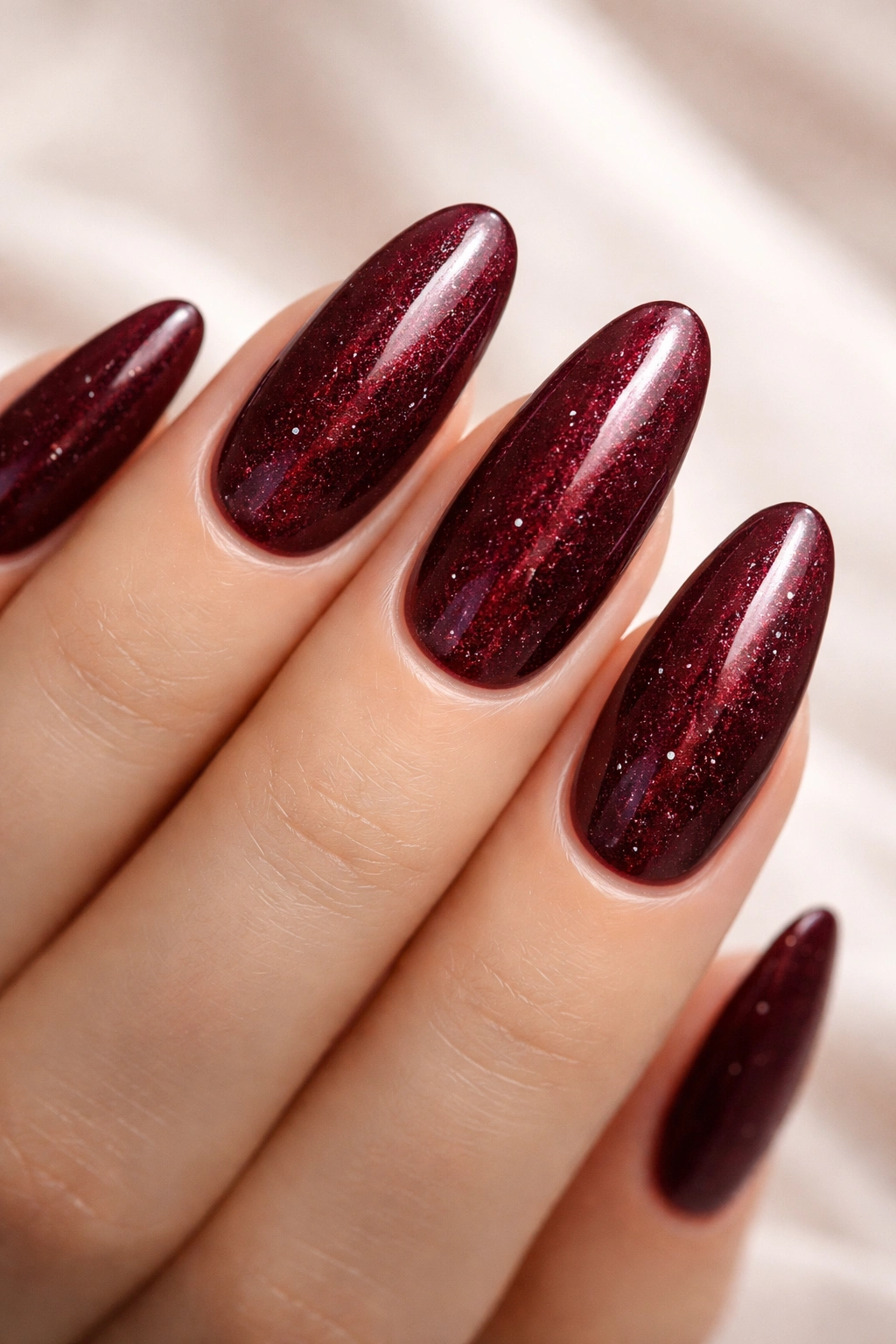Close-up of burgundy nails with tiny pearl flecks on long oval nails