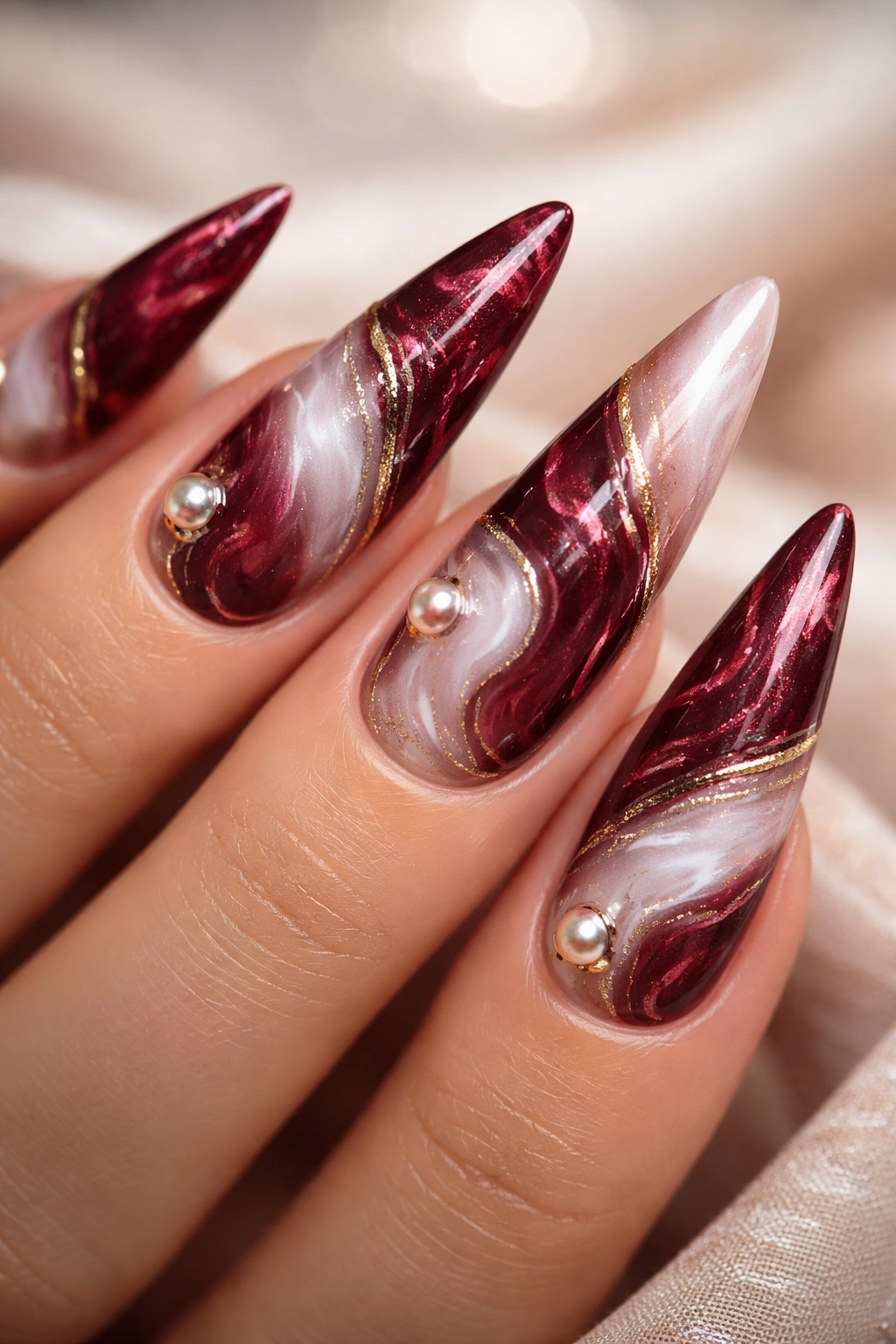 Close-up burgundy marble nails with pearl accents on stiletto nails