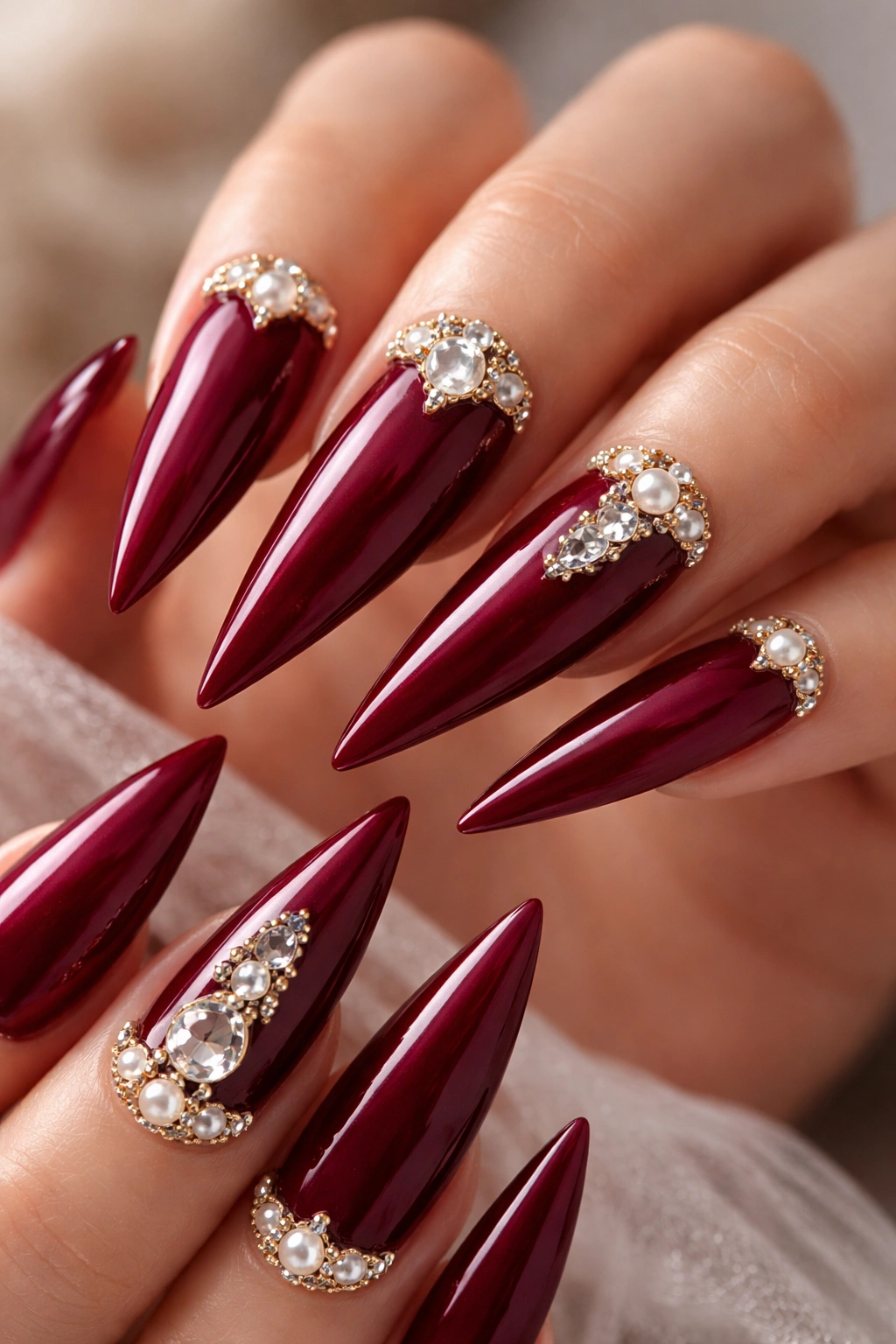 Burgundy stilettos with pearls and gems accents